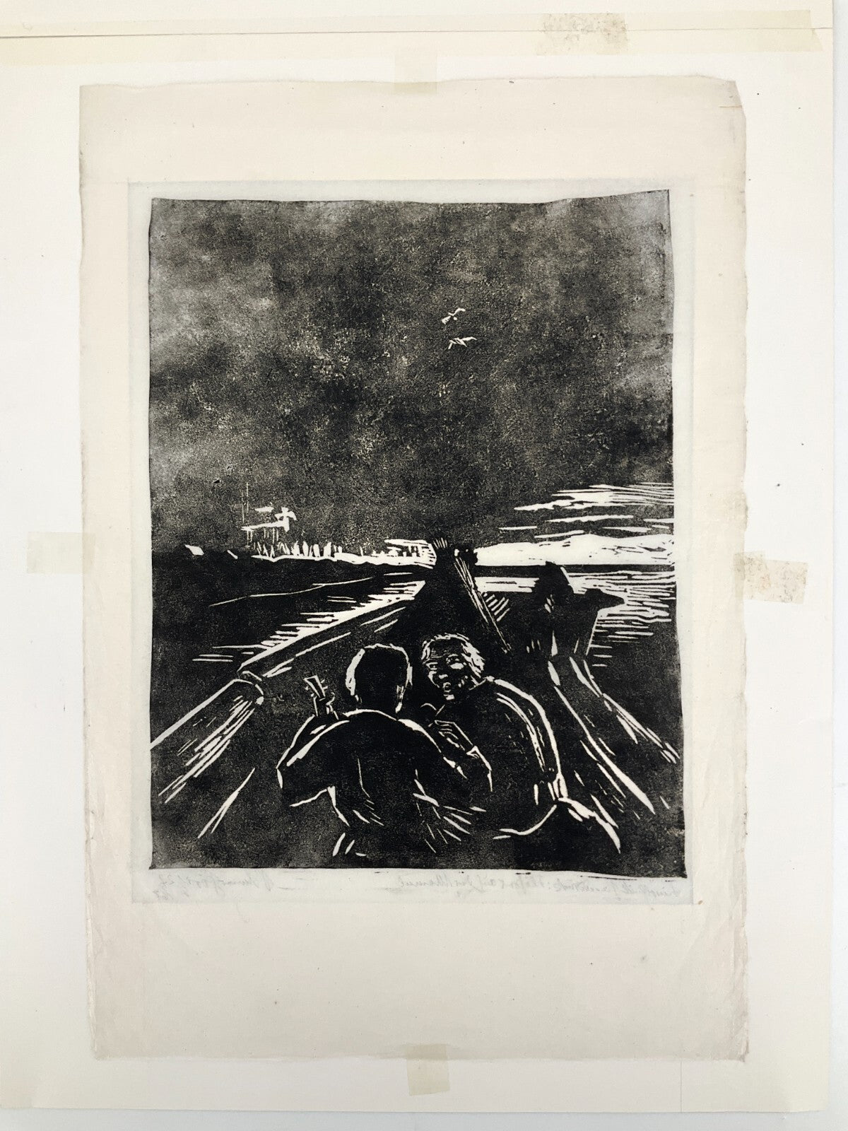 *LINOLSCHNITT WERNER GÖRITZ FLÖßER AUF DER MEMEL HANDSIGNIERT 1927/1967 ORIGINAL