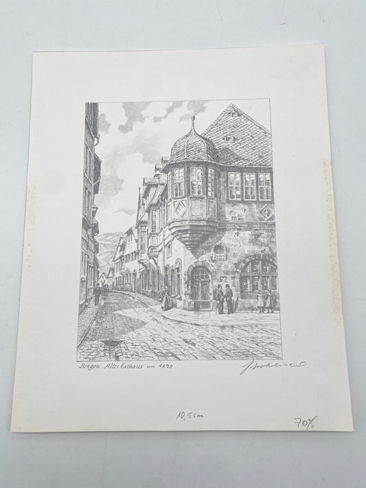 DEUTSCHER KÜNSTLER HEINZ WEHLISCH ZEICHNUNG BINGEN ALTES RATHAUS 1890 SIGNIERT