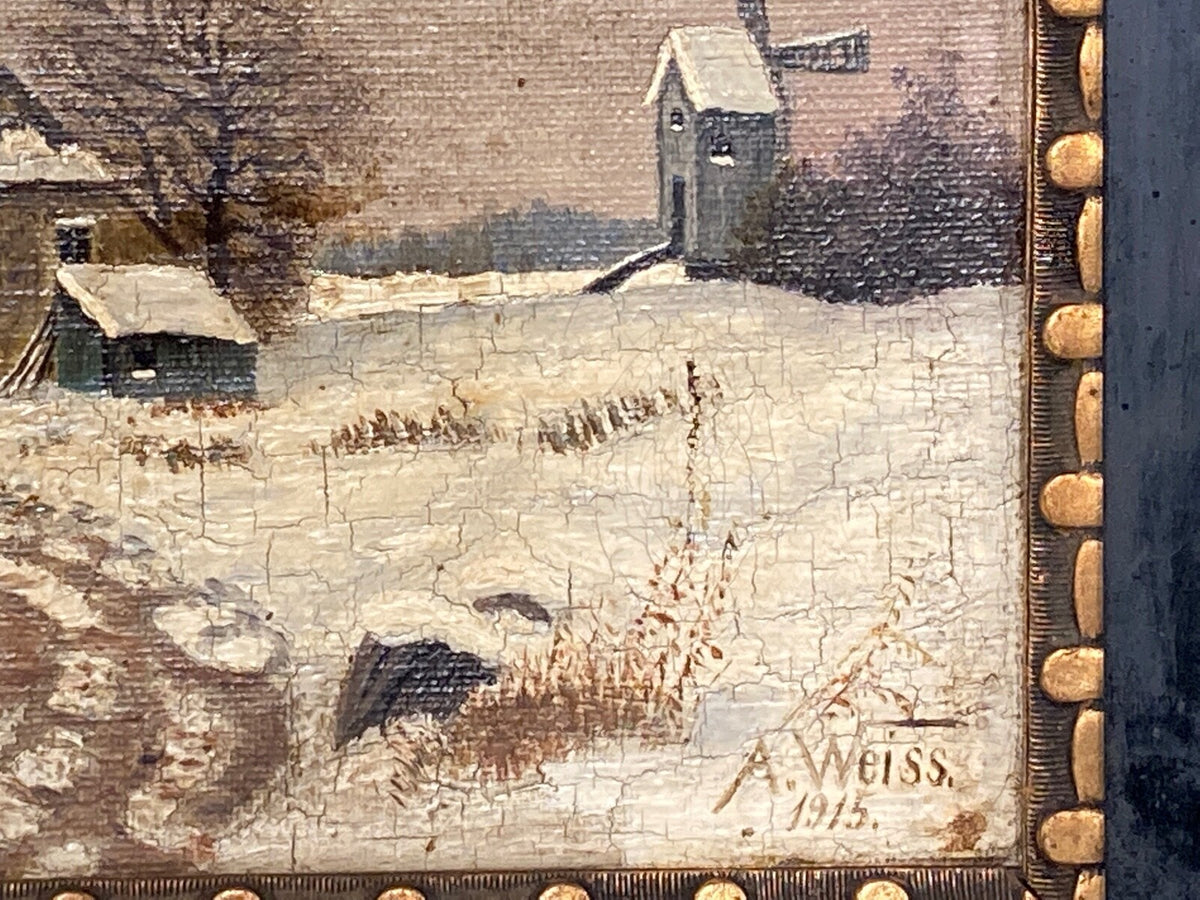 GEMÄLDE ÖL LEINWAND WINTERLANDSCHAFT A.WEISS 1915 MINIATUR MÜHLE