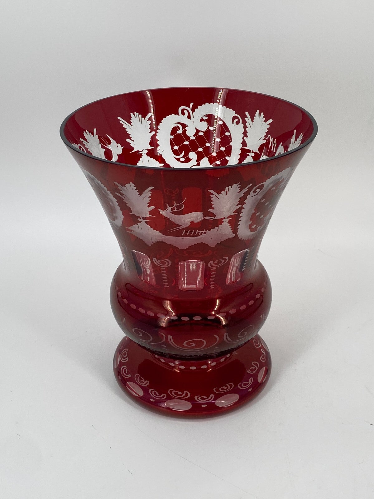 * VASE GROß BÖHMISCHES GLAS BÖHMEN TSCHECHIEN ROT JAGD HIRSCH VINTAGE
