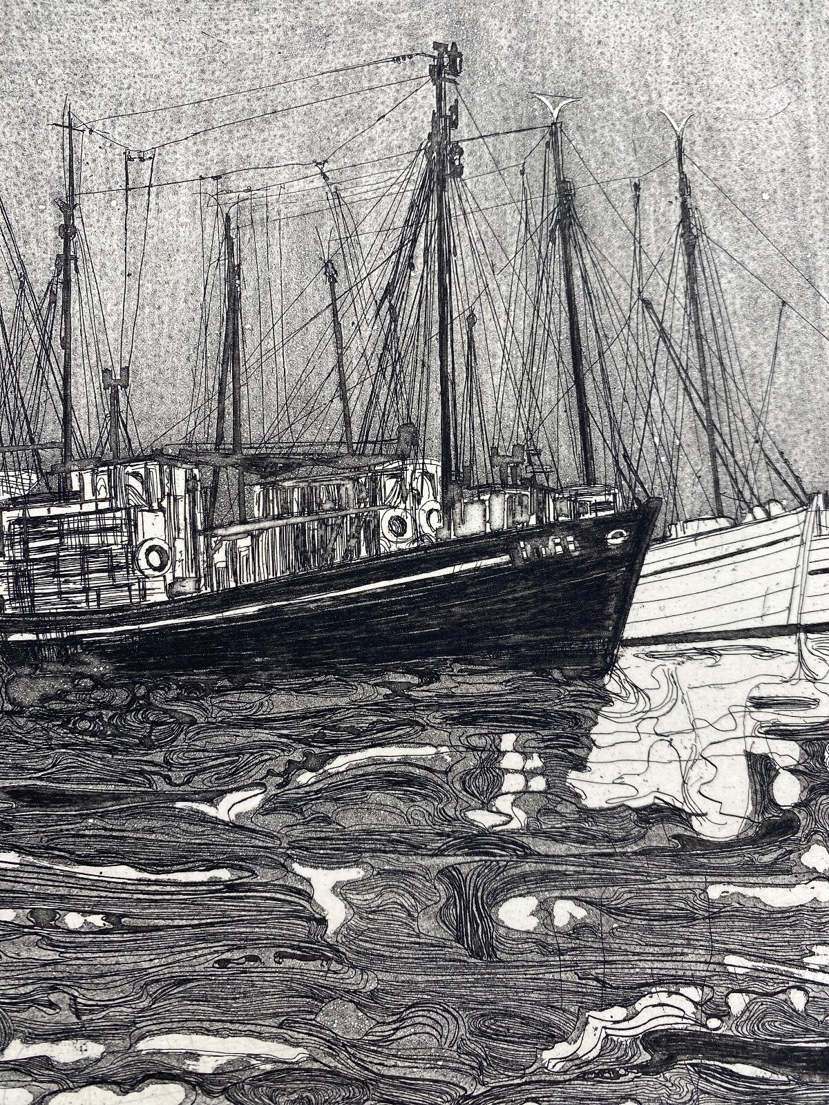 * HERBERT GRUNWALDT 1965 RADIERUNG ORIGINAL FISCHERBOOTE HAFEN SIGNIERT