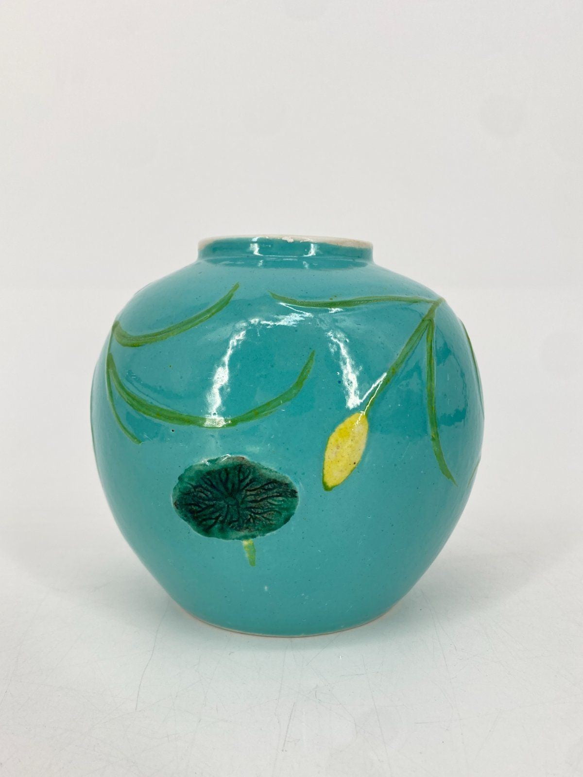 * CHINESISCHE KERAMIK VASE KRANICH SEEROSE RELIEF TÜRKIS VINTAGE