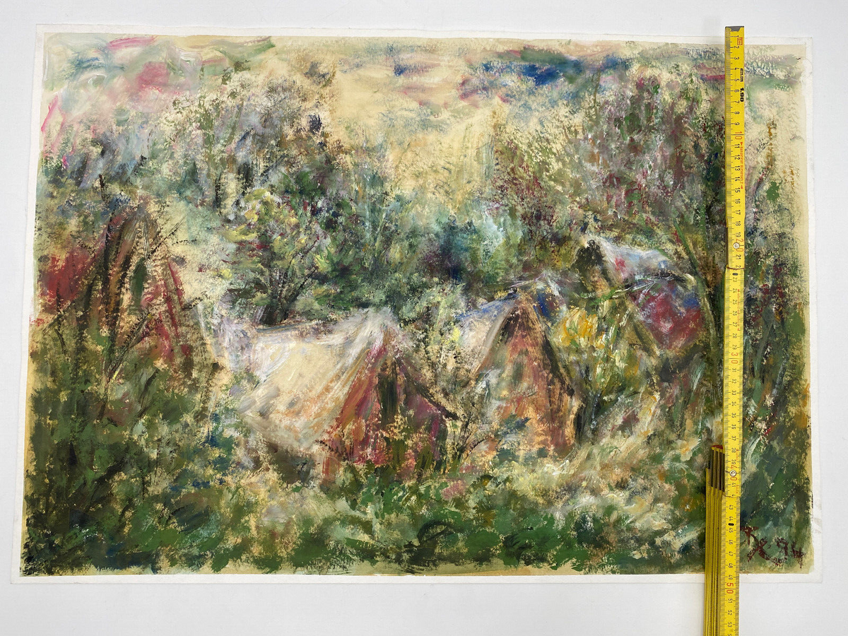 * GEMÄLDE BILD ÖLKREIDE CAMPING ZELTE IN BÜSCHEN IMPRESSIONISMUS 1994 SIGNIERT
