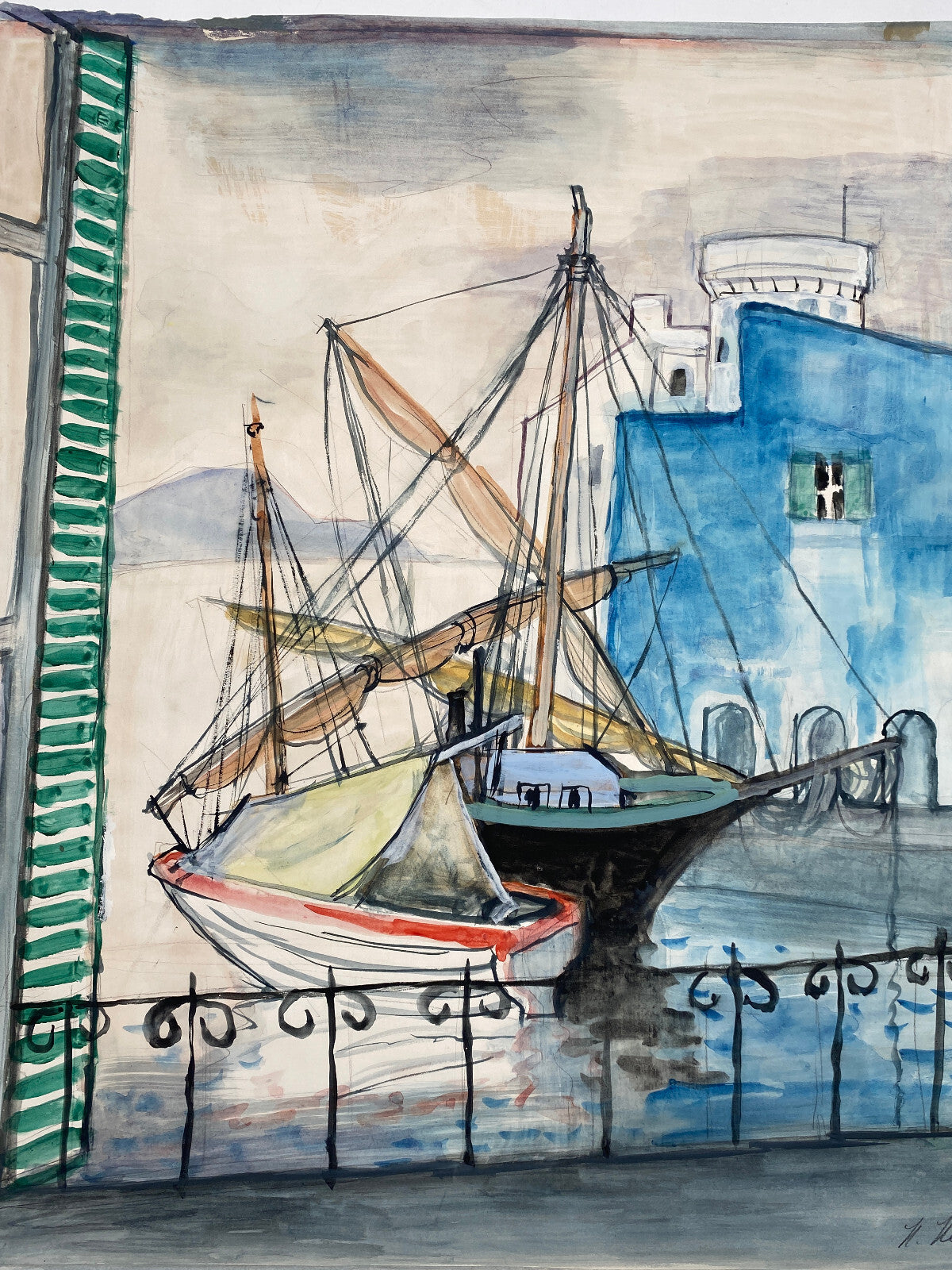 *GOUACHE AQUARELL HEINRICH HEUSER 1887-1967 HAFENANSICHT BOOTE ITALIEN 1956