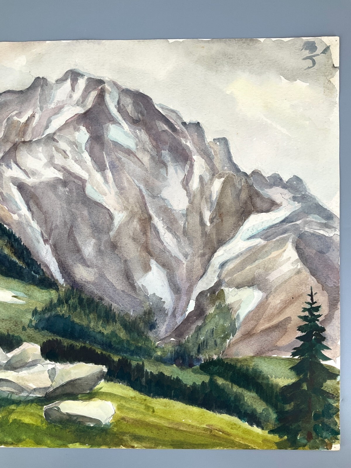 *GEMÄLDE TEICH MIT HÄUSER ZWEISEITIG BERG AQUARELL SIGNIERT PASTELLFARBE UNIKAT