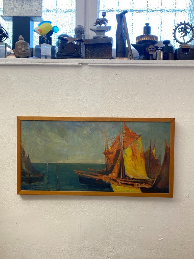 * ÖLGEMÄLDE GEMÄLDE AUGUST ENDRUSCHAT SEGELBOOT HAFEN MEER VINTAGE SIGNIERT