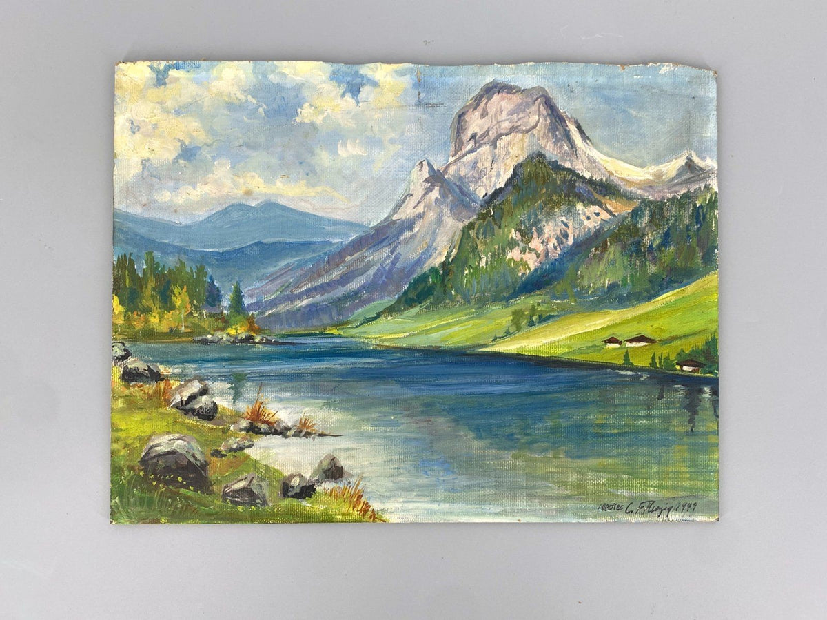 *ÖLGEMÄLDE BERGLANDSCHAFT SEE 1949 SIGNIERT FARBFROH PAPPE