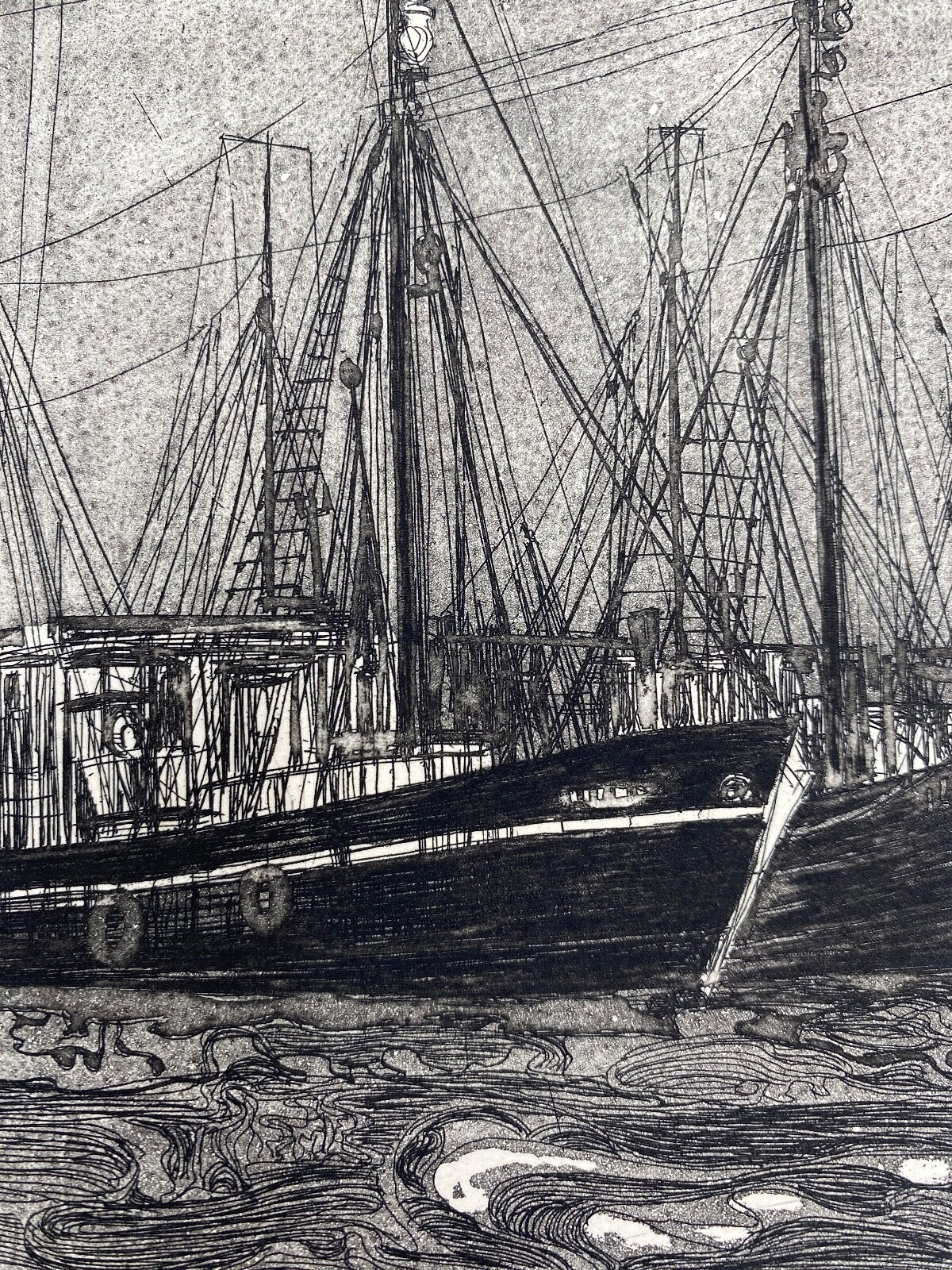 * HERBERT GRUNWALDT 1965 RADIERUNG ORIGINAL FISCHERBOOTE HAFEN SIGNIERT