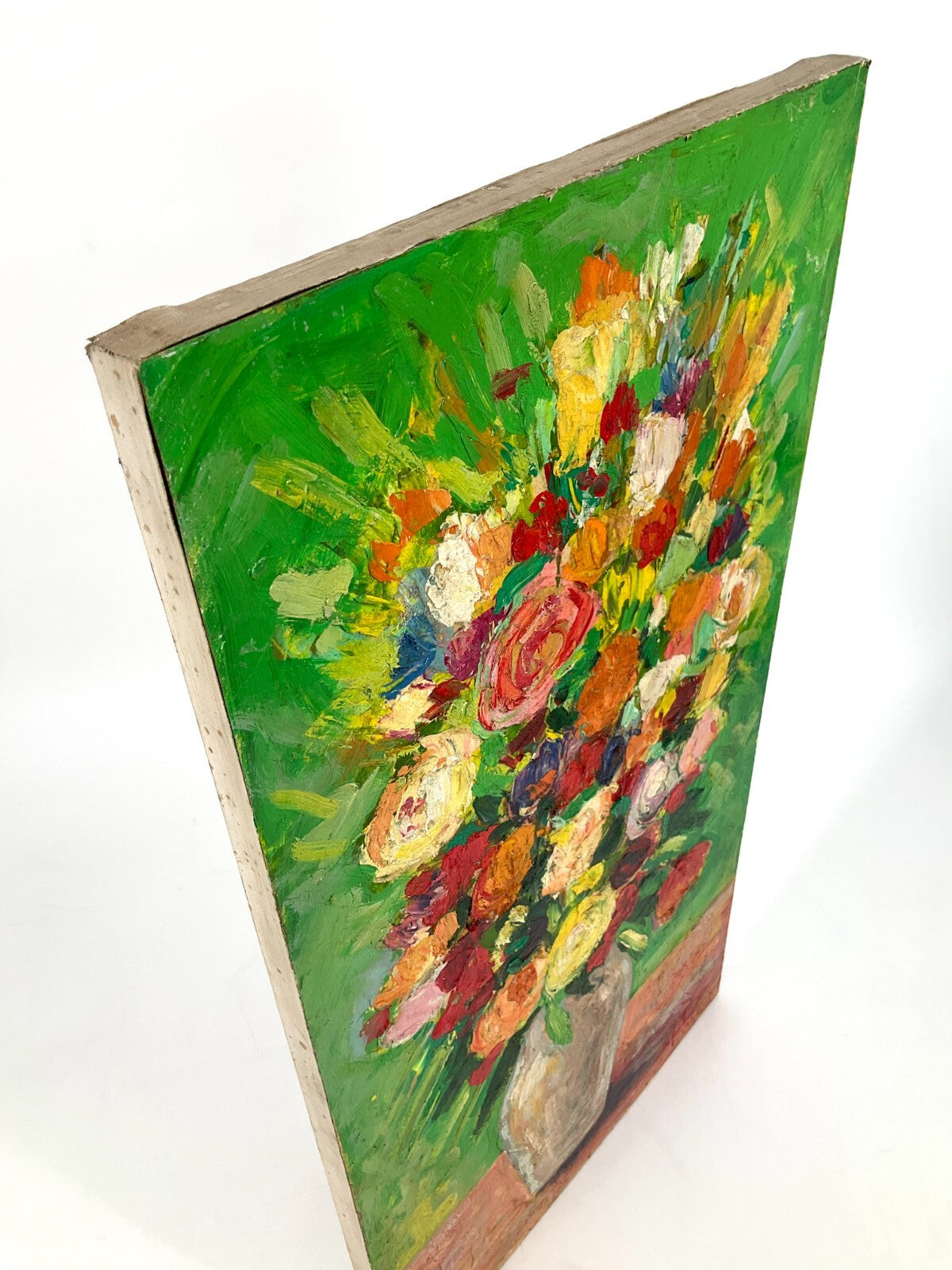 *ÖLGEMÄLDE BLUMENSTRAUß IN VASE STILLEBEN 1969 SIGNIERT MALEREI VINTAGE LEBHAFT