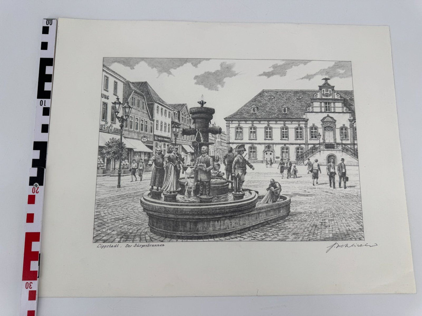 * HEINZ WEHLISCH ZEICHNUNG LIPPSTADT DER BÜRGERBRUNNEN ANSICHT SIGNIERT