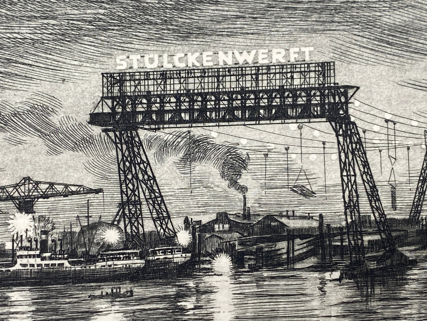 * RADIERUNG HAMBURG HAFEN BEI NACHT STÜLCKENWERFT HEINZ WEHLISCH um 1960