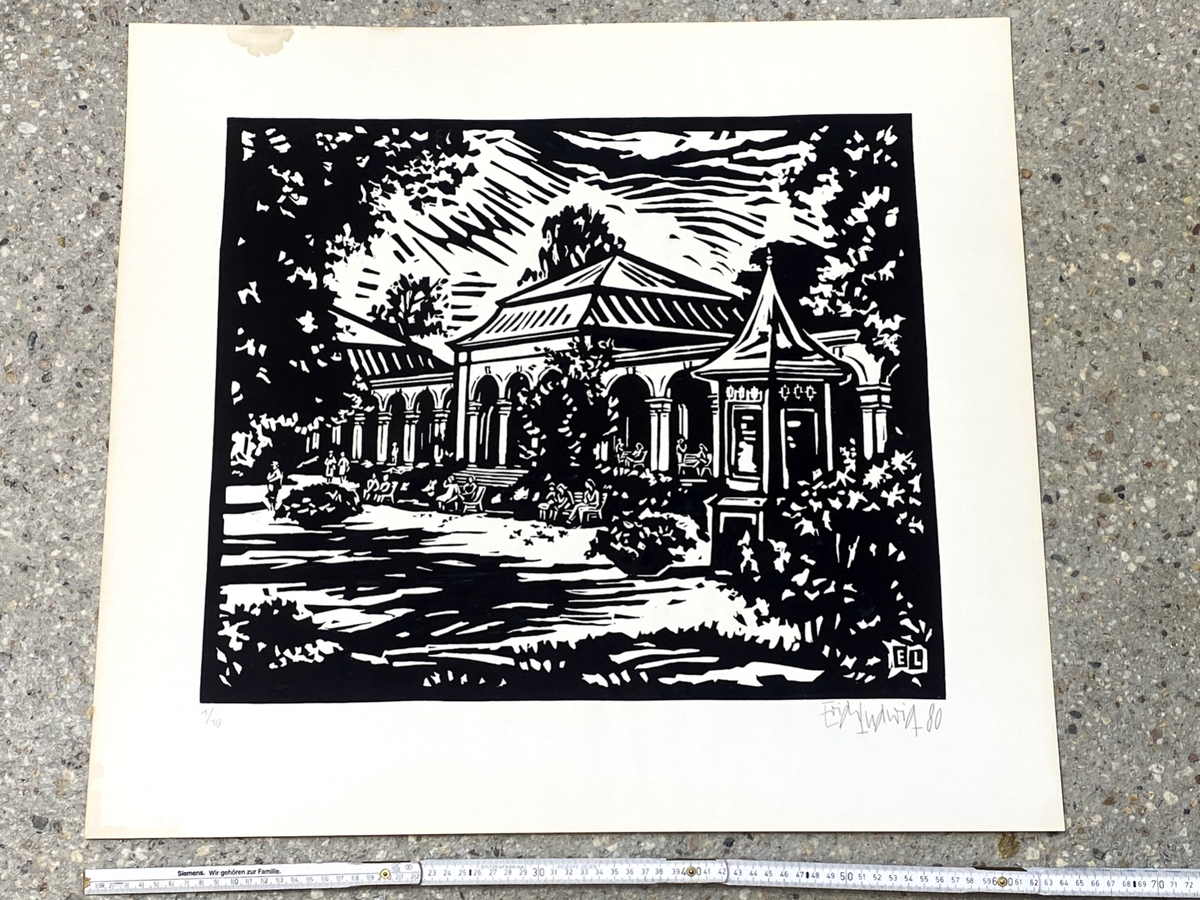 *HOLZSCHNITT LINOLDRUCK PARK GARTEN ERICH LUDWIG 1980 59x65 cm  SIGNIERT