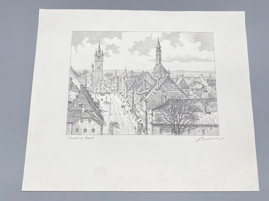 DEUTSCHER KÜNSTLER HEINZ WEHLISCH ZEICHNUNG STRAUBING MARKT HANDSIGNIERT