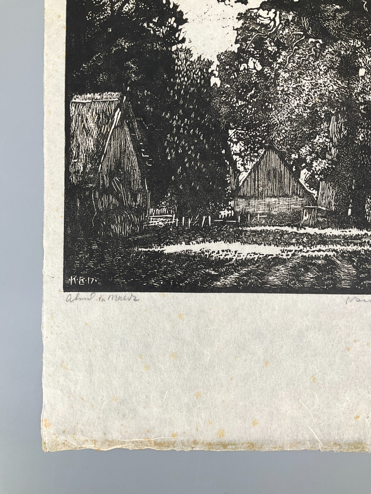 *HOLZSCHNITT BAUERNHOF UNLESERLICHE SIGNATUR 1917 JUGENDSTIL LANDSCHAFT ORIGINAL