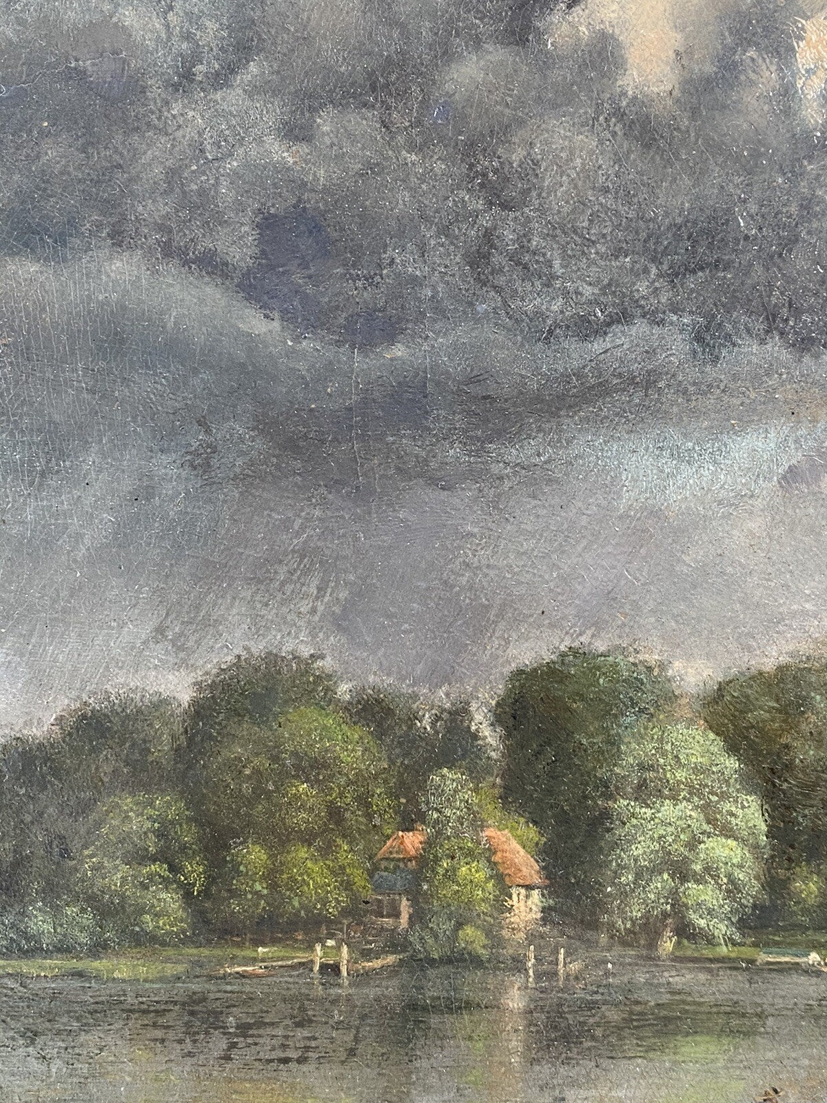 * ÖLGEMÄLDE BILD ÖL INSEL BOOT WETTER WOLKEN ANSICHT ANTIK 1909