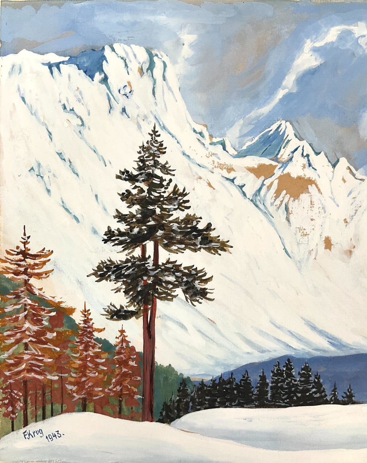 *GEMÄLDE GOUACHE F. KRUG WINTERLANDSCHAFT BERGLANDSCHAFT 1943