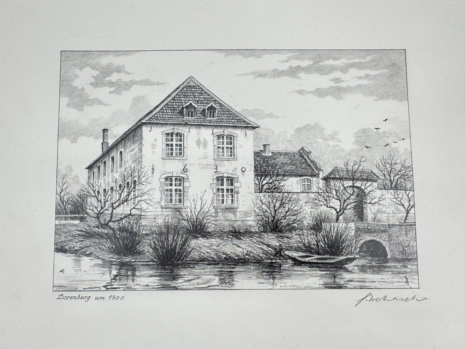 * HEINZ WEHLISCH ZEICHNUNG DORENBURG KREFELD UM 1900 ANSICHT SIGNIERT