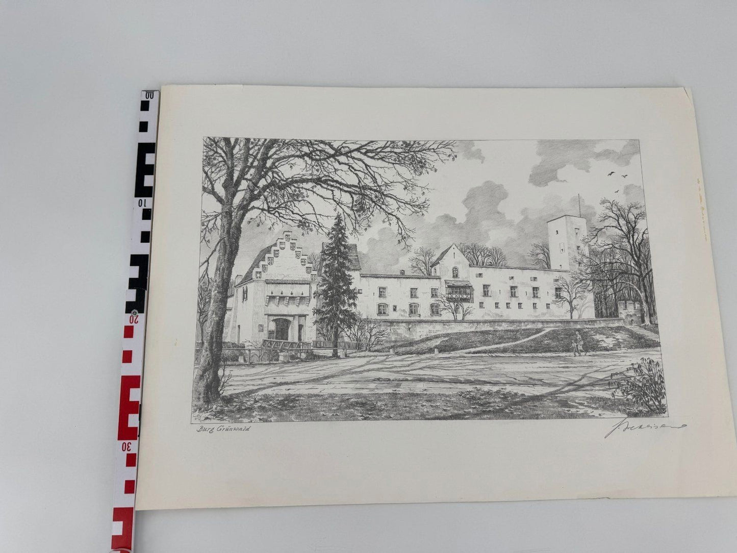 * HEINZ WEHLISCH ZEICHNUNG BURG GRÜNWALD MÜNCHEN ANSICHT SIGNIERT