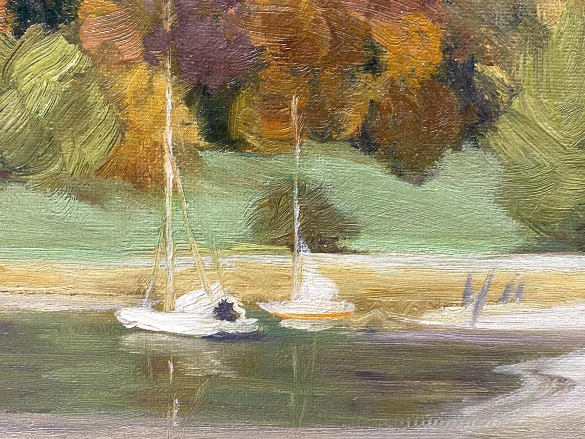 *FRITZ BRÄNDEL WEIMARER AKADEMIE GEMÄLDE SEE LANDSCHAFT UFER SEGELBOOTE ÖL LEIN