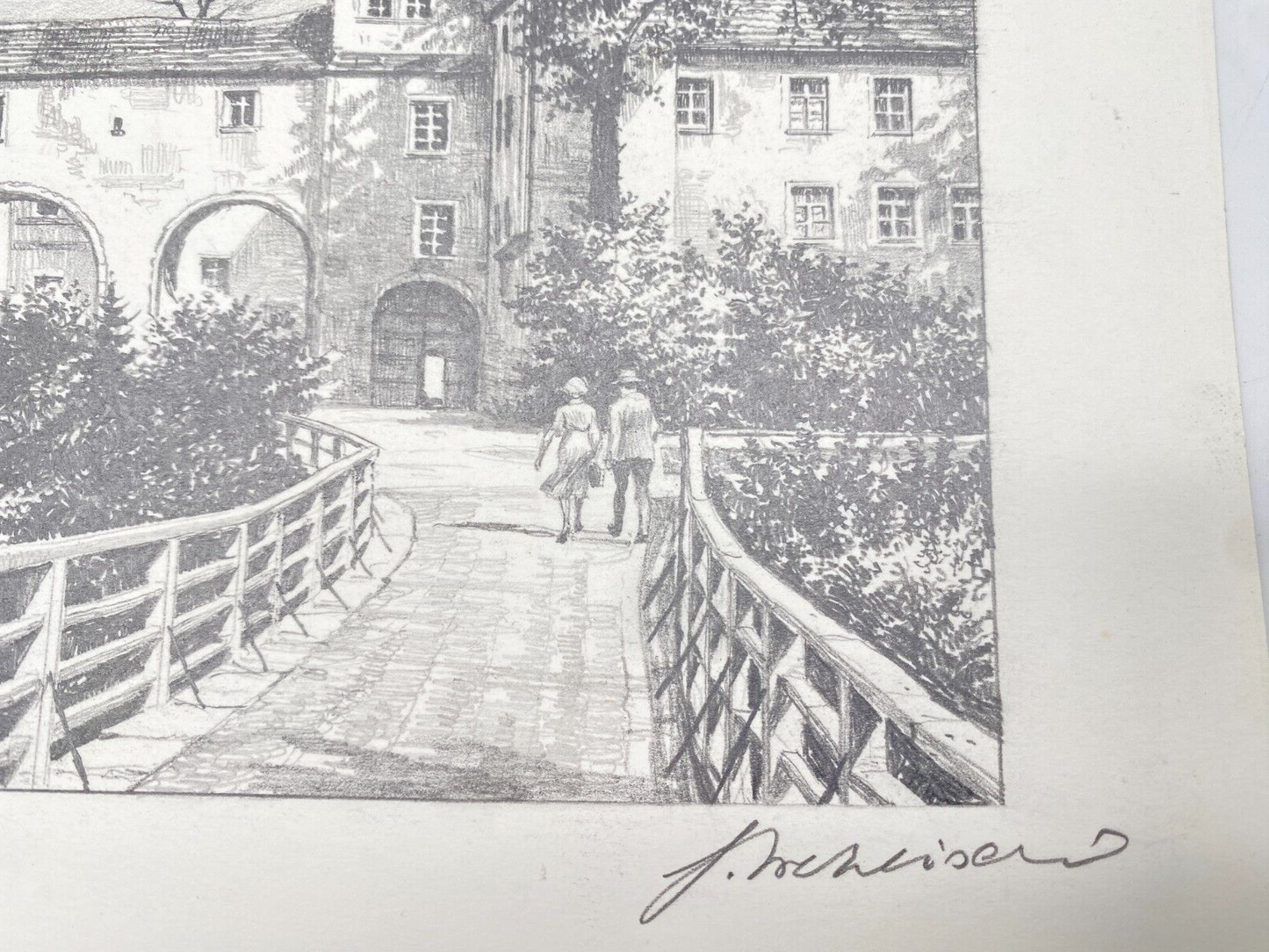 DEUTSCHER KÜNSTLER HEINZ WEHLISCH ZEICHNUNG SCHLOSS HINTERGLAUCHAU HANDSIGNIERT