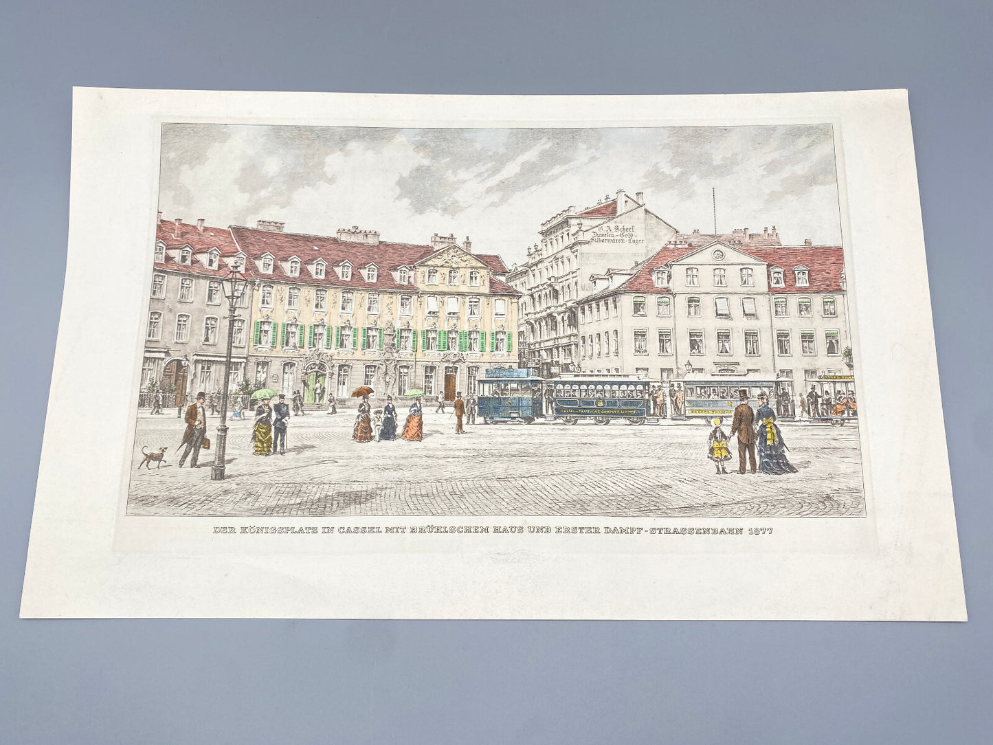 HEINZ WEHLISCH DER KÖNIGSPLATZ IN KASSEL UM 1877 ORIGINAL RADIERUNG KOLORIERT