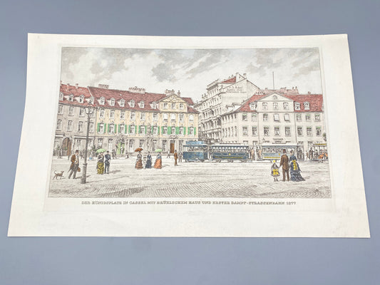 HEINZ WEHLISCH DER KÖNIGSPLATZ IN KASSEL UM 1877 ORIGINAL RADIERUNG KOLORIERT