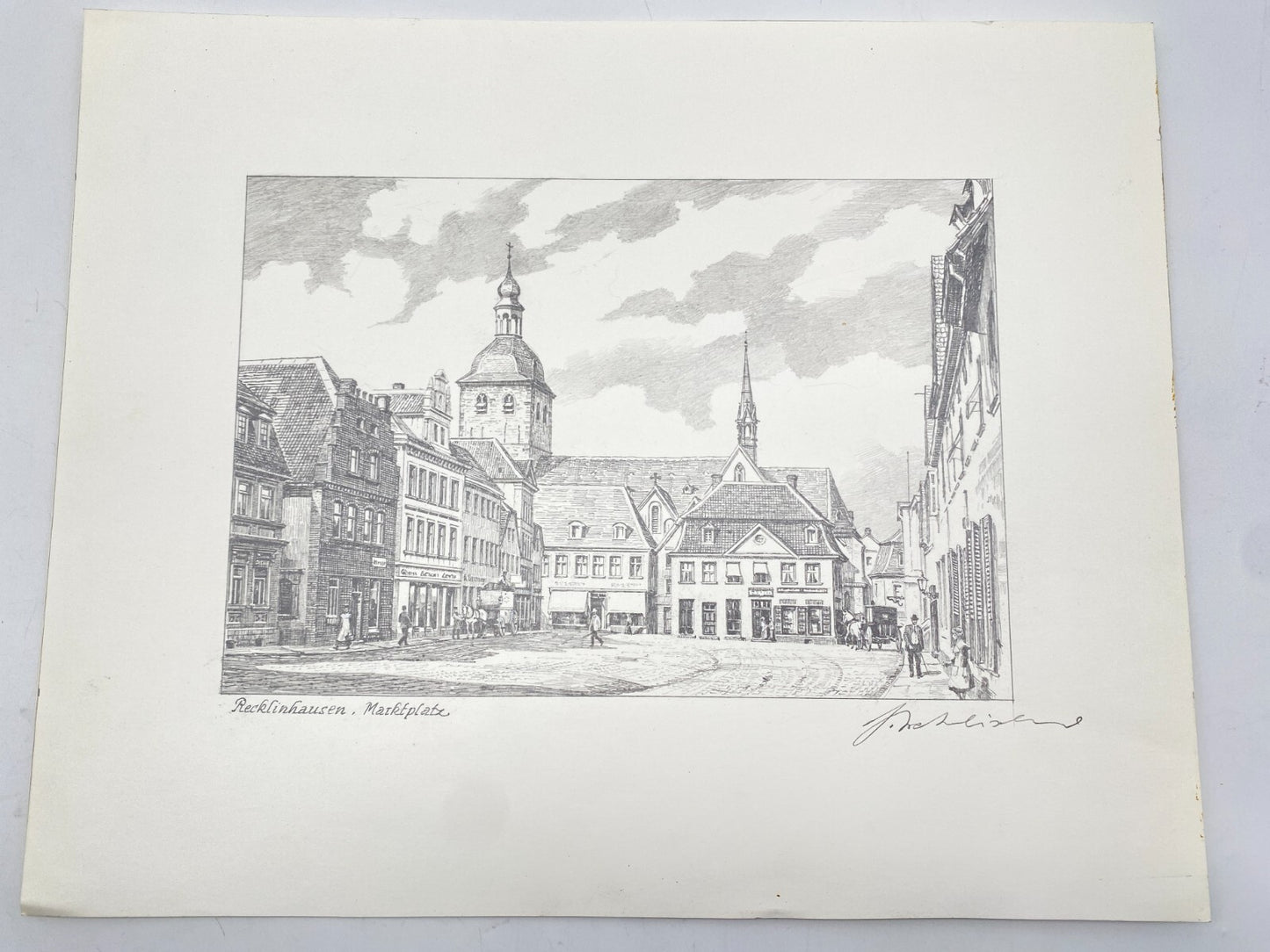 HEINZ WEHLISCH ZEICHNUNG RECKLINGHAUSEN MARKTPLATZ UM 1915 HANDSIGNIERT