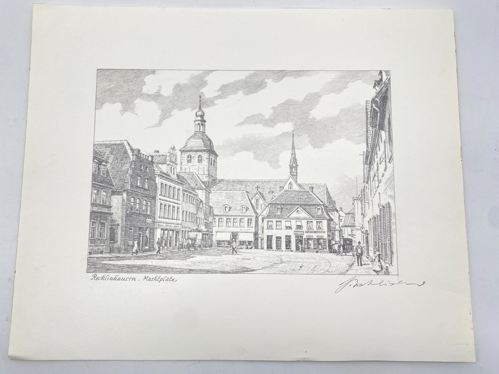 HEINZ WEHLISCH ZEICHNUNG RECKLINGHAUSEN MARKTPLATZ UM 1915 HANDSIGNIERT