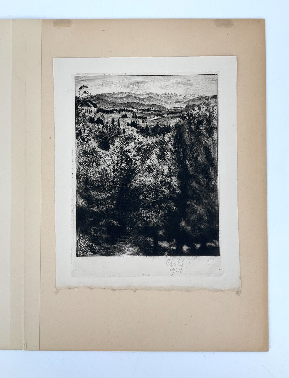 *RADIERUNG BERNHARD PANKOK HÜGELIGE LANDSCHAFT BLICK AUF BAIERBRUNN 1924 SIGNIER