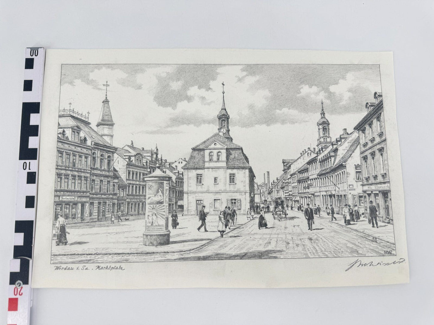* HEINZ WEHLISCH ZEICHNUNG WERDAU SACHSEN MARKPLATZ ANSICHT SIGNI