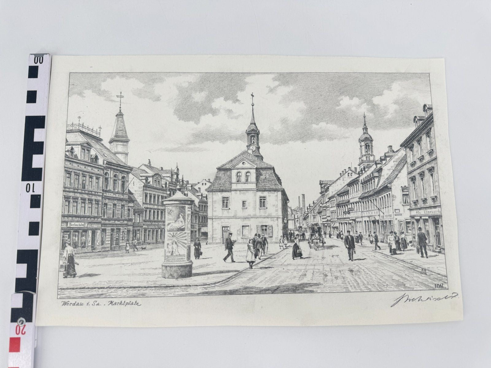 * HEINZ WEHLISCH ZEICHNUNG WERDAU SACHSEN MARKPLATZ ANSICHT SIGNI