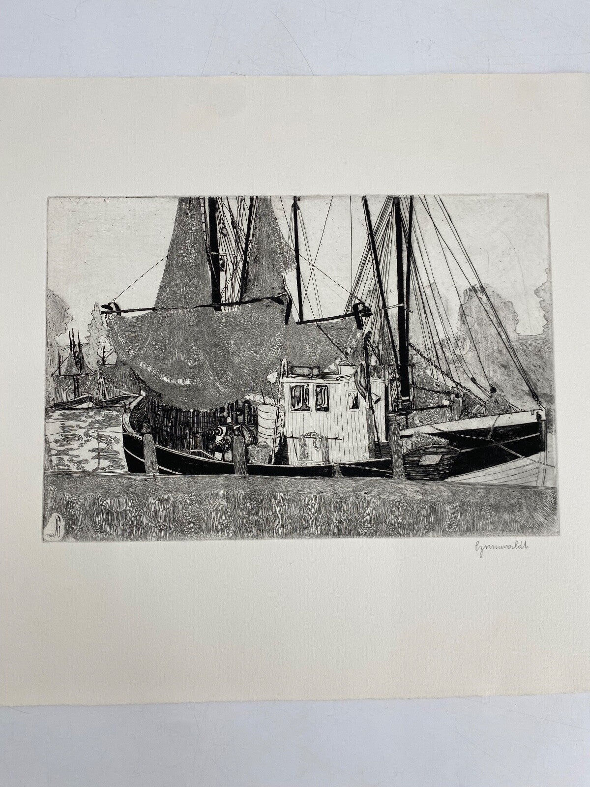 * HERBERT GRUNWALDT 1968 RADIERUNG ORIGINAL KRABBEN FISCHERBOOTE HAFEN SIGNIERT