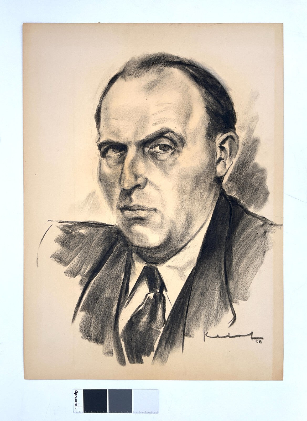 *KOHLENZEICHNUNG WALTER KALOT MÄNNERPORTÄT MANN GESICHT 1950 SIGNIERT UNIKAT