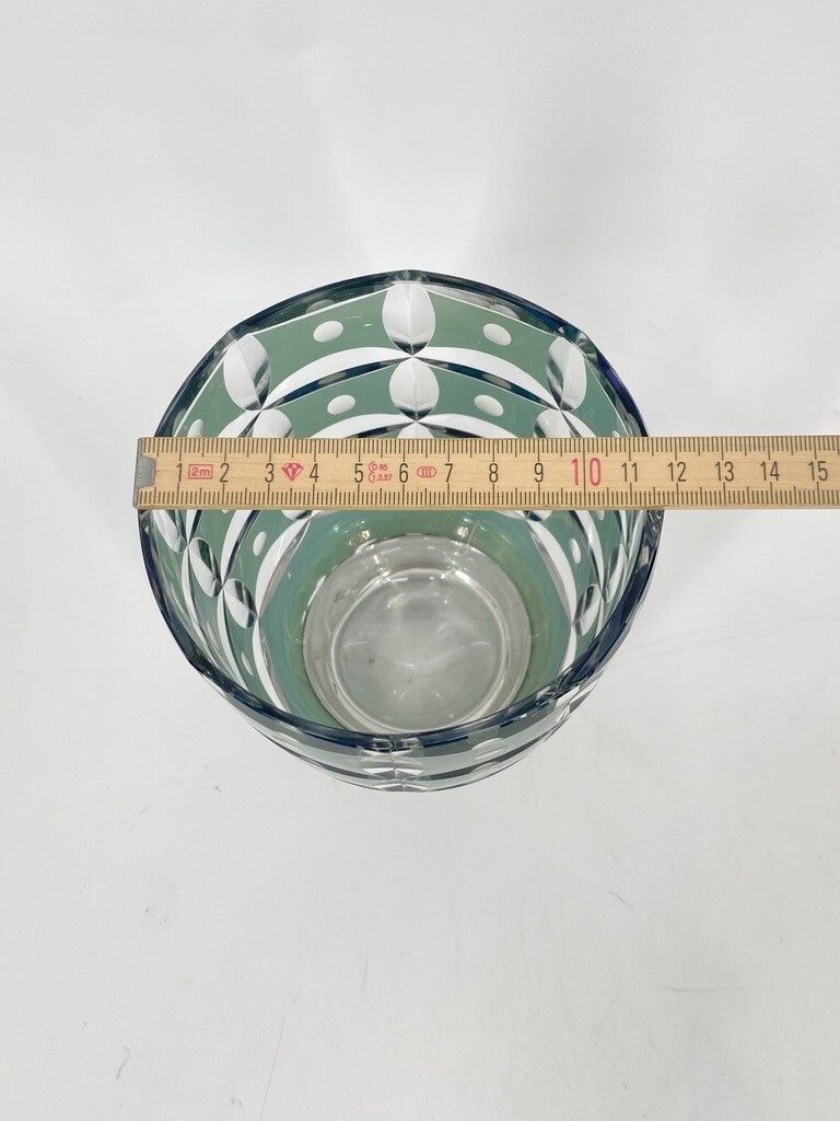 * VASE BÖHMISCHES GLAS ART DECO TOPF TÜRKIS BLAU GRÜN GESCHLIFFEN PUNKTE