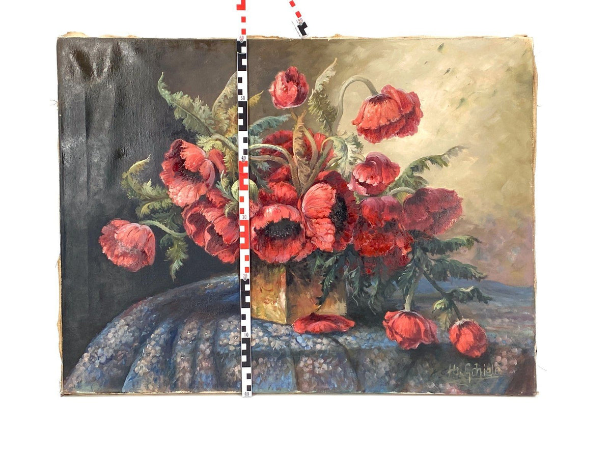 *ÖLGEMÄLDE MOHNBLUME BLUMENSTRAUß STILLEBEN LEINWAND MESSING