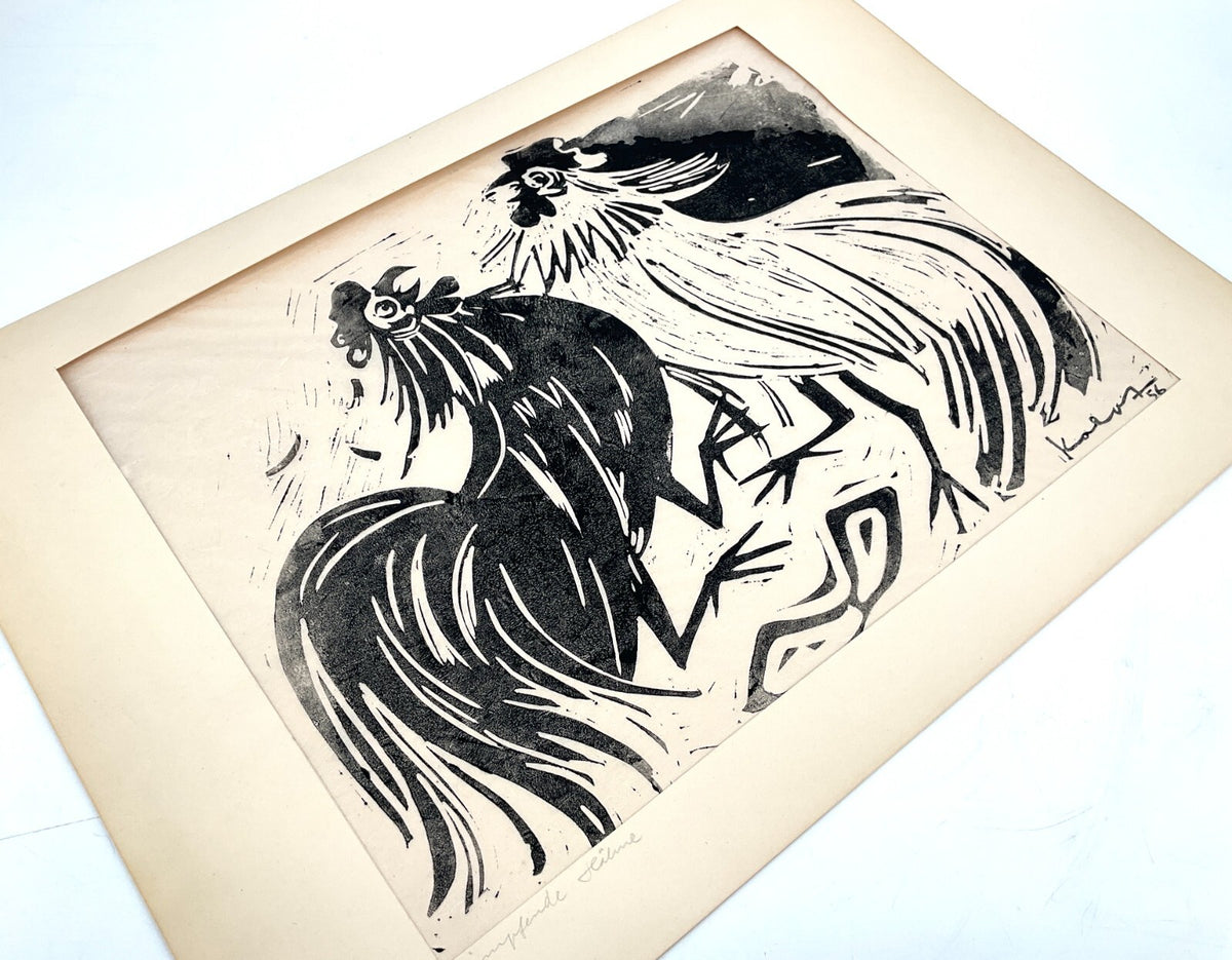 *LINOLSCHNITT WALTER KALOT KÄMPFENDE HÄHNE 1956 ORIGINAL EXPRESSIONISMUS TIERE