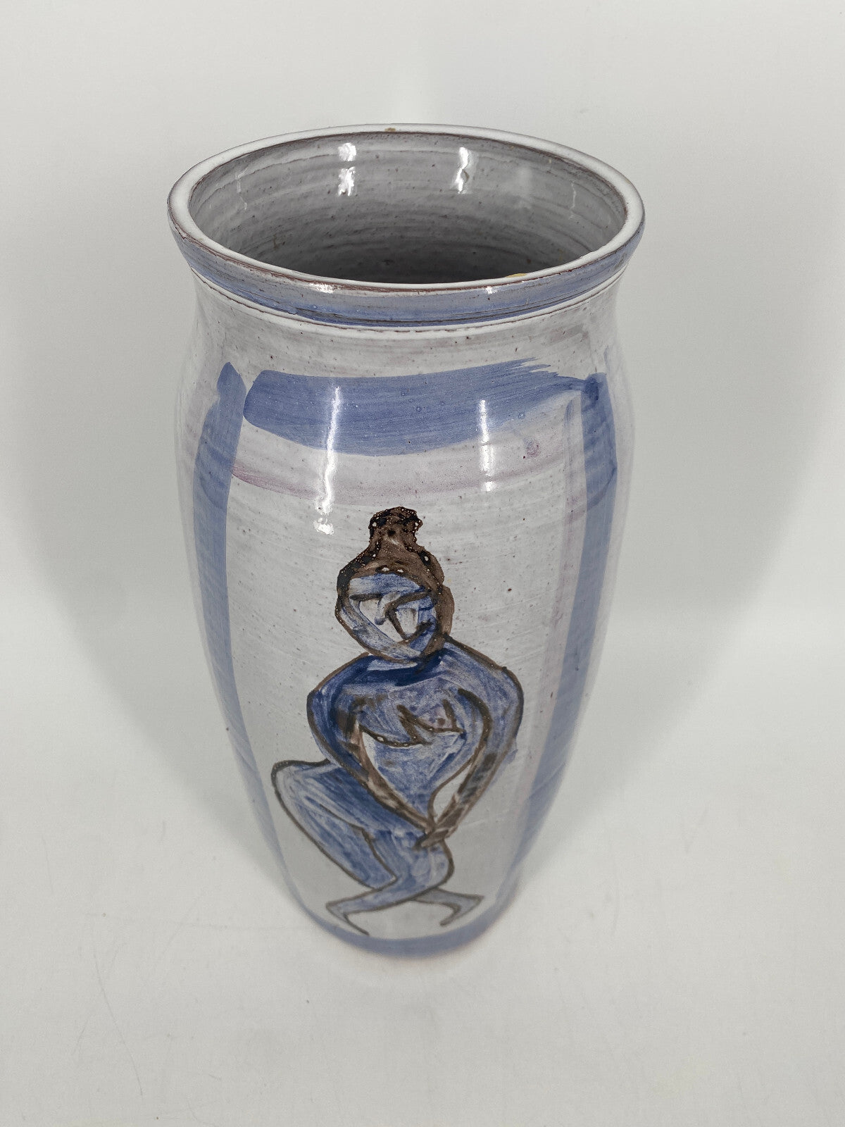 * GLASIERTE STUDIOKERAMIK BLUMENVASE MANN FRAU BLUME BEMALT SIGNIERT 60er 70er