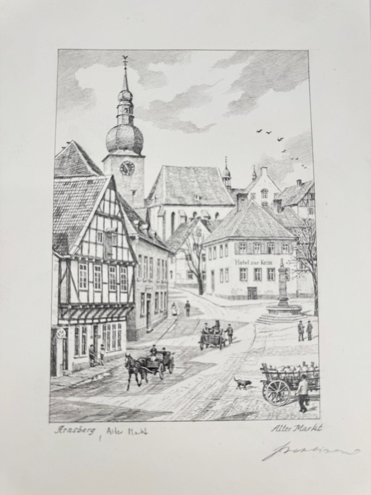 * HEINZ WEHLISCH ZEICHNUNG ARNSBERG ALTER MARKT ANSICHT SIGNIERT