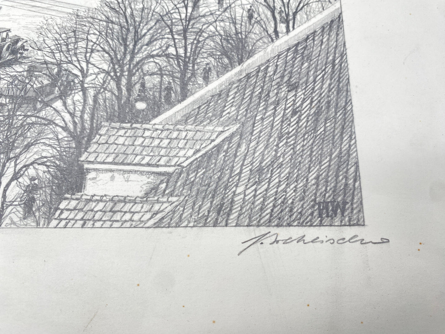 HEINZ WEHLISCH ZEICHNUNG BERLIN DIE DORFKIRCHE TEMPELHOF UM 1840 HANDSIGNIERT