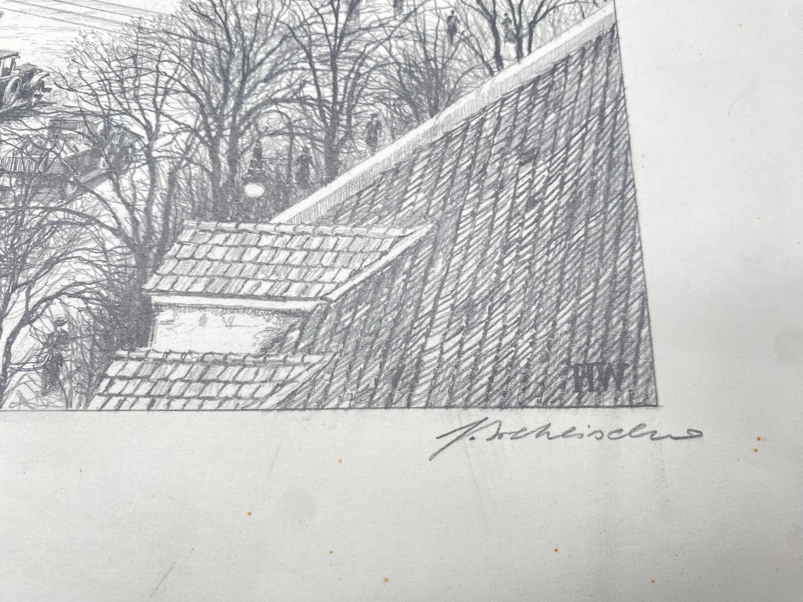 HEINZ WEHLISCH ZEICHNUNG BERLIN DIE DORFKIRCHE TEMPELHOF UM 1840 HANDSIGNIERT