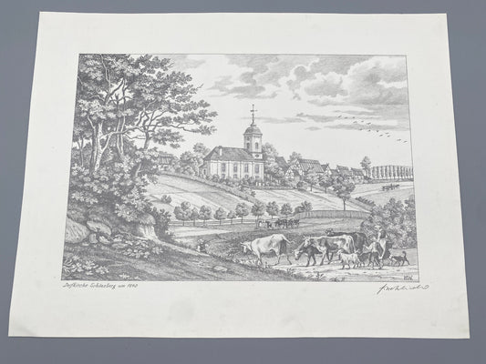 DEUTSCHER KÜNSTLER HEINZ WEHLISCH DORFKIRCHE DORFKIRCHE SCHÖNEBERG 1840 SIGNIERT