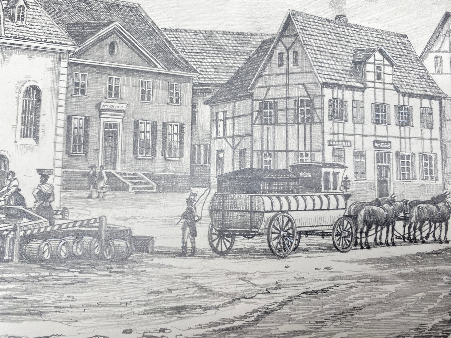 DEUTSCHER KÜNSTLER HEINZ WEHLISCH ZEICHNUNG GRÄFRATH DER MARKT UM 1840 SIGNIERT