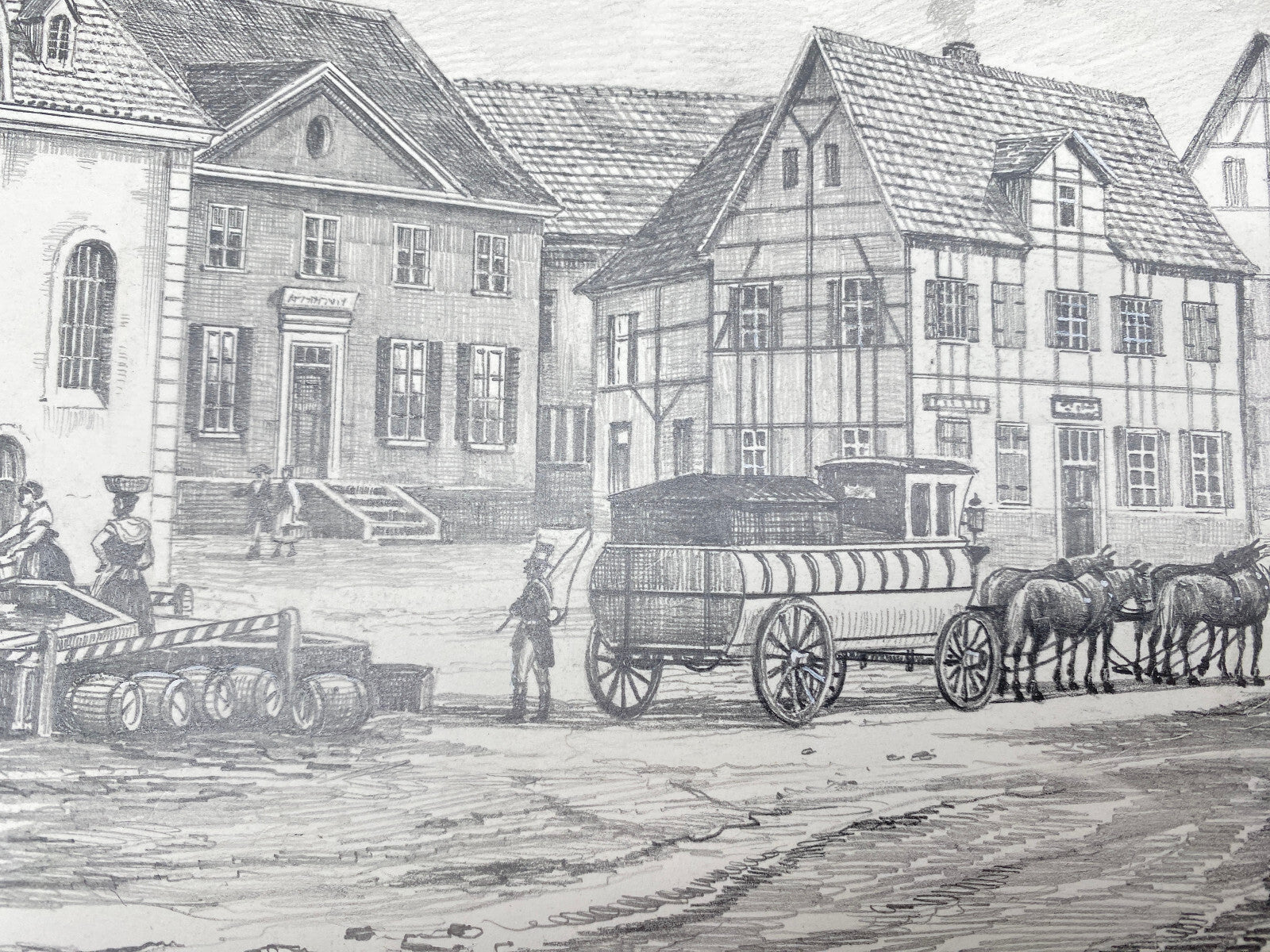 DEUTSCHER KÜNSTLER HEINZ WEHLISCH ZEICHNUNG GRÄFRATH DER MARKT UM 1840 SIGNIERT