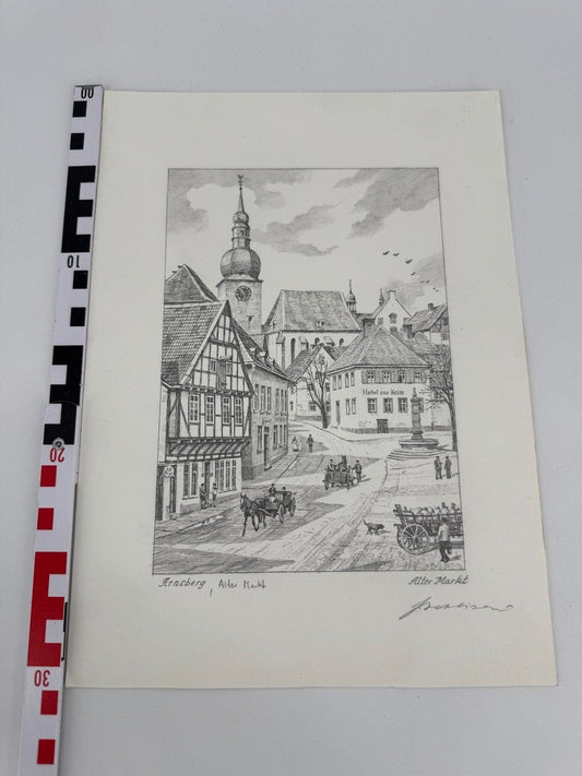 * HEINZ WEHLISCH ZEICHNUNG ARNSBERG ALTER MARKT ANSICHT SIGNIERT