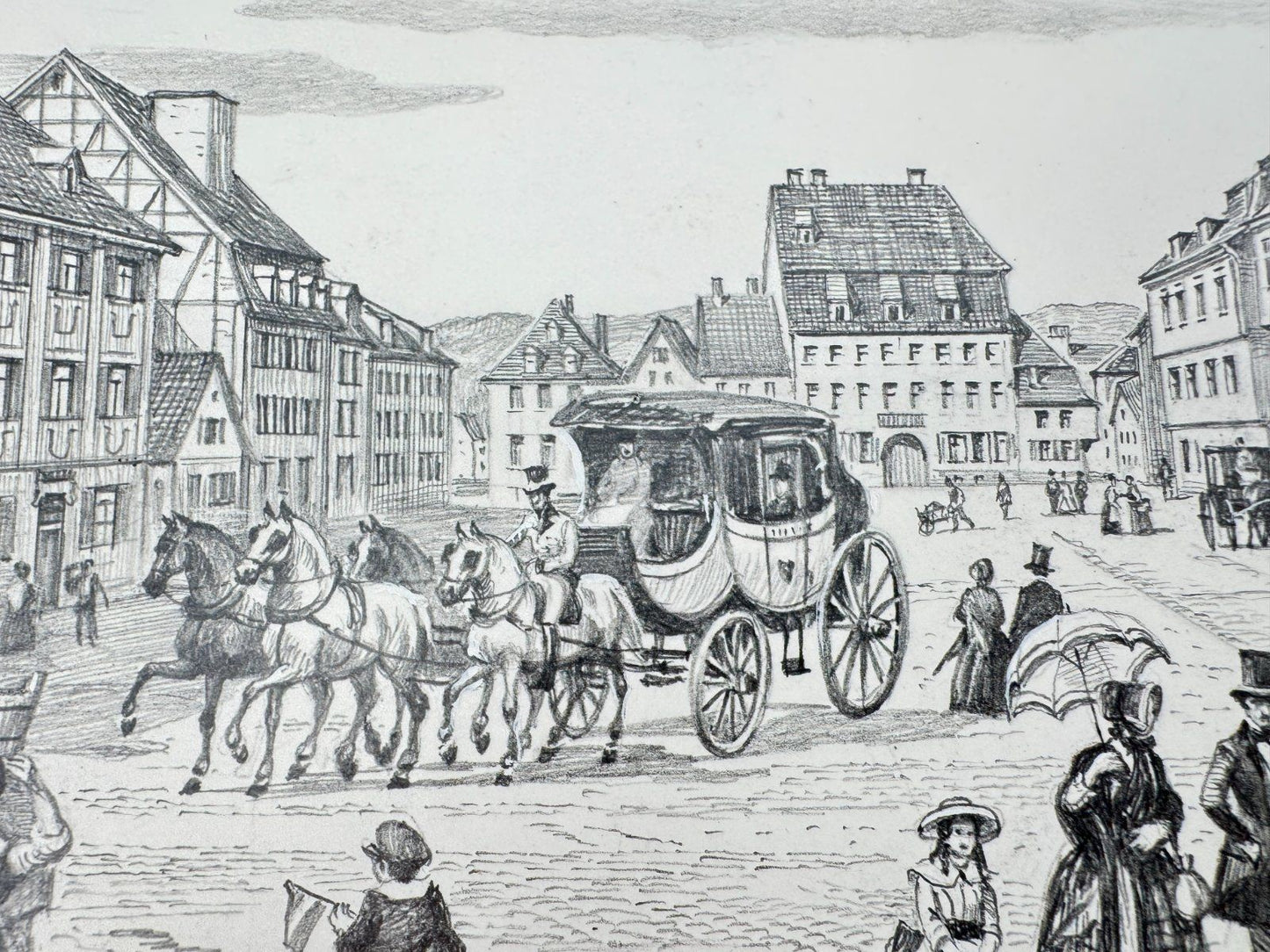 * HEINZ WEHLISCH ZEICHNUNG PFORZHEIM MARKT UM 1850 ANSICHT SIGNIERT