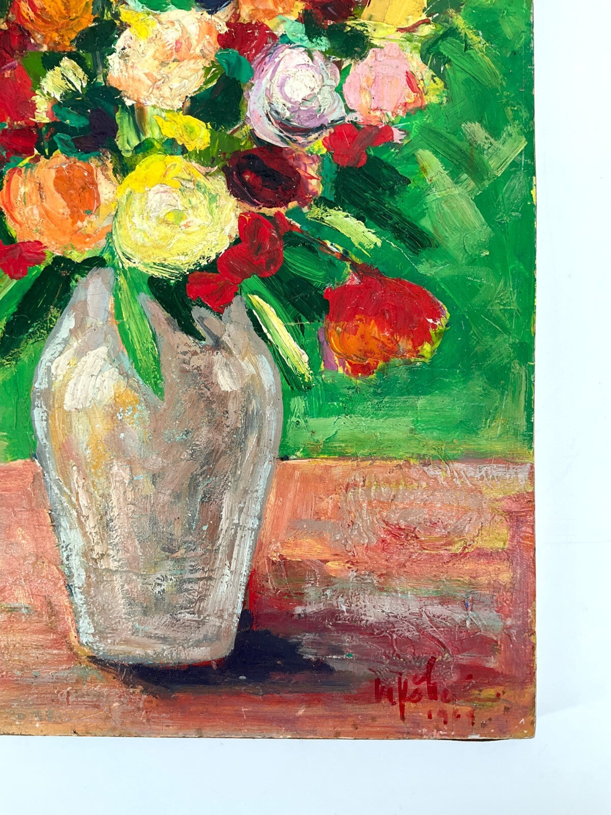 *ÖLGEMÄLDE BLUMENSTRAUß IN VASE STILLEBEN 1969 SIGNIERT MALEREI VINTAGE LEBHAFT