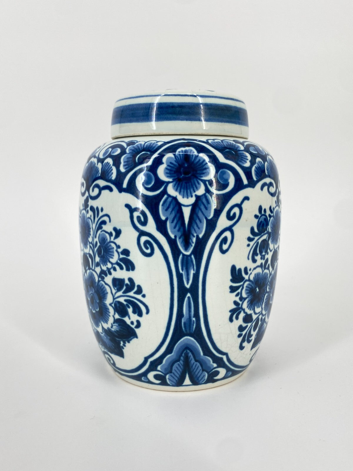 * OUD DELFT KERAMIK DECKEL DOSE VASE BLAUMALEREI BLAU WEIß BLUMEN 12CM