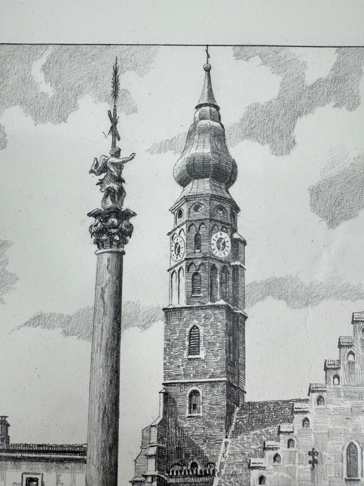 * HEINZ WEHLISCH ZEICHNUNG STRAUBING DREIFALTIGKEITS SÄULE ANSICH