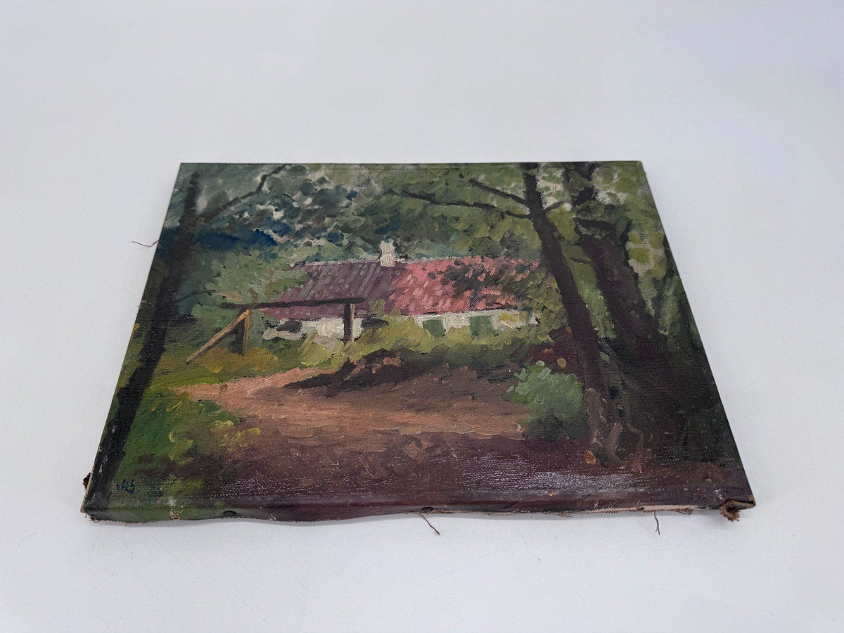 ÖL GEMÄLDE DORFLANDSCHAFT HAUS IM GRÜNEN ANTIK 36X 27 ANTIK