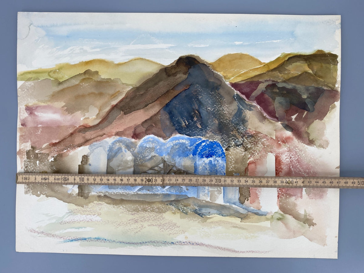 *AQUARELLGEMÄLDE LANDSCHAFT NAHOST NAHER OSTEN WÜSTE HÄUSER SIGRID HANNSE UNIKAT